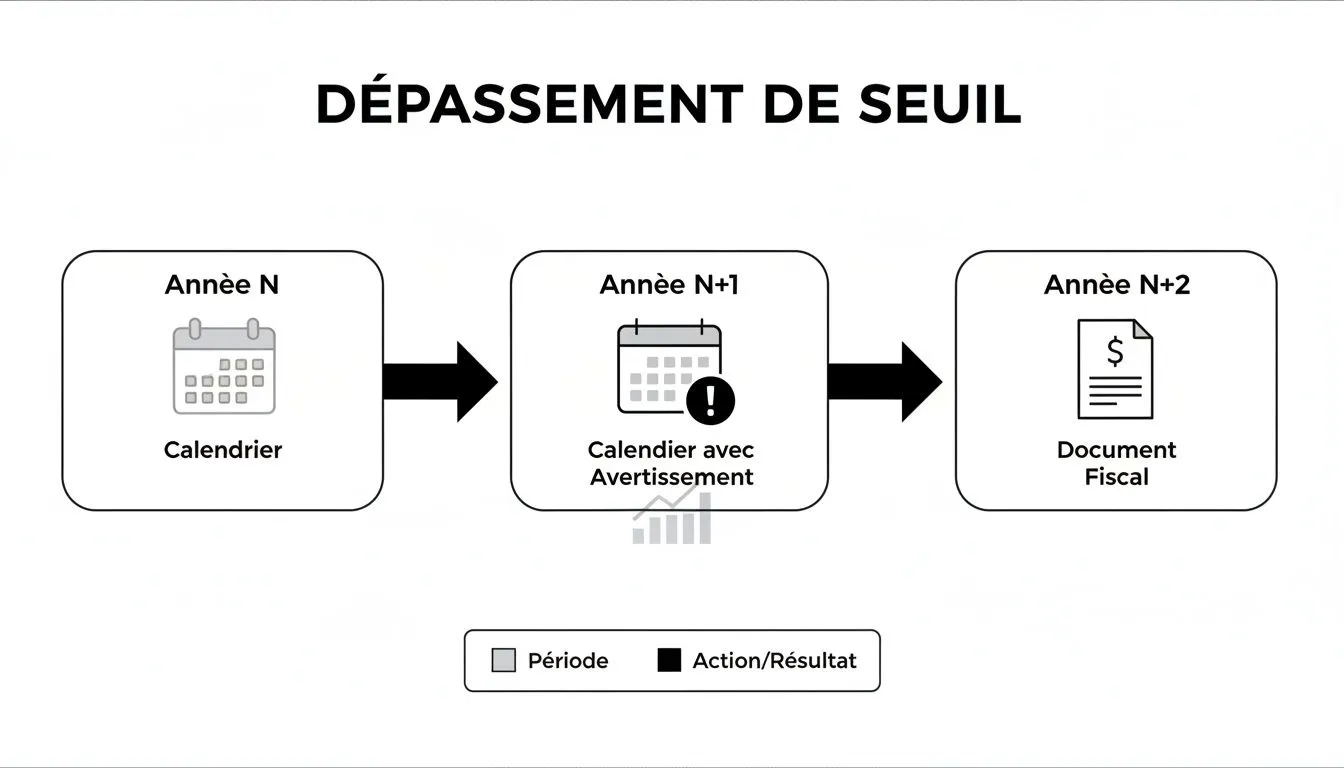 Diagram illustrating the three-year process of exceeding a threshold, from year N to the year N+2 tax document.