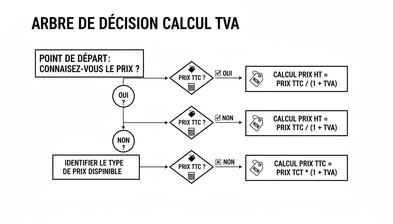 Decision-tree diagram for VAT calculation, detailing the steps to determine net or gross prices.