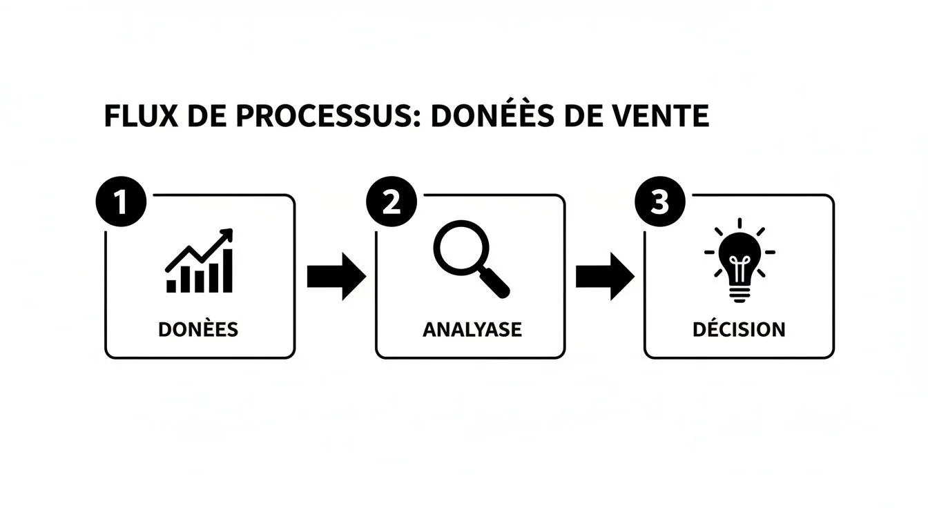 Three-step process diagram: data, analysis and decision for sales.