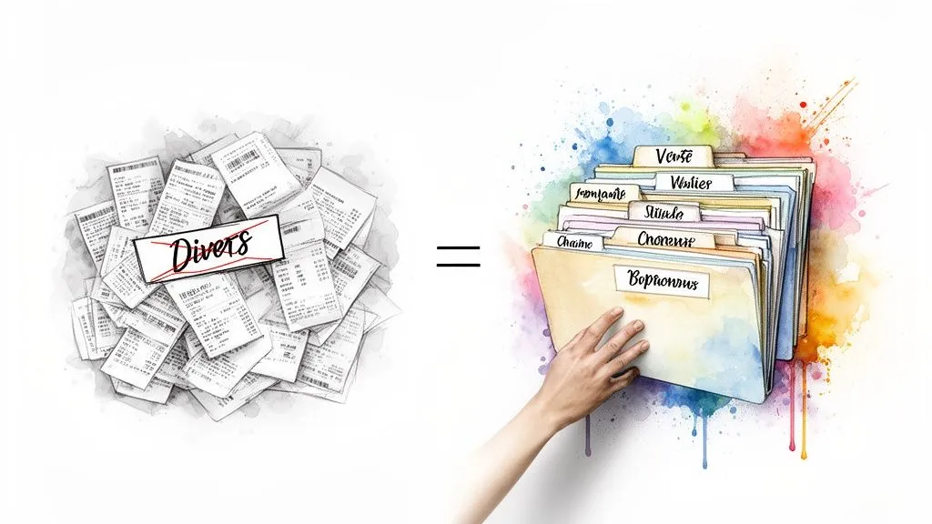 The image compares unsorted receipts crossed out with 'Miscellaneous' to organized, color-coded folders for clear management.