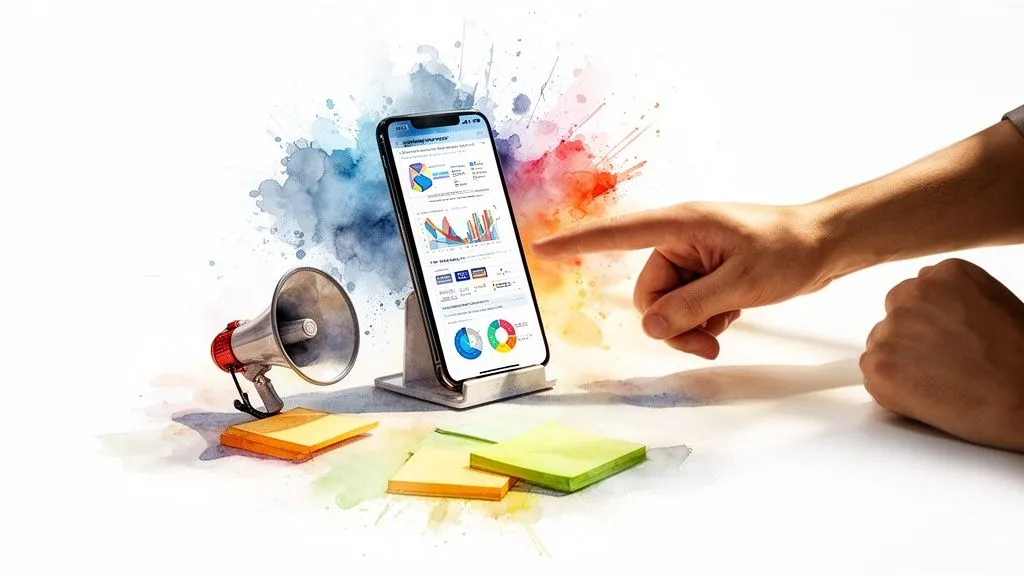 Hand pointing at a smartphone displaying data and charts, with a megaphone and notes, on a white watercolor-splashed background.