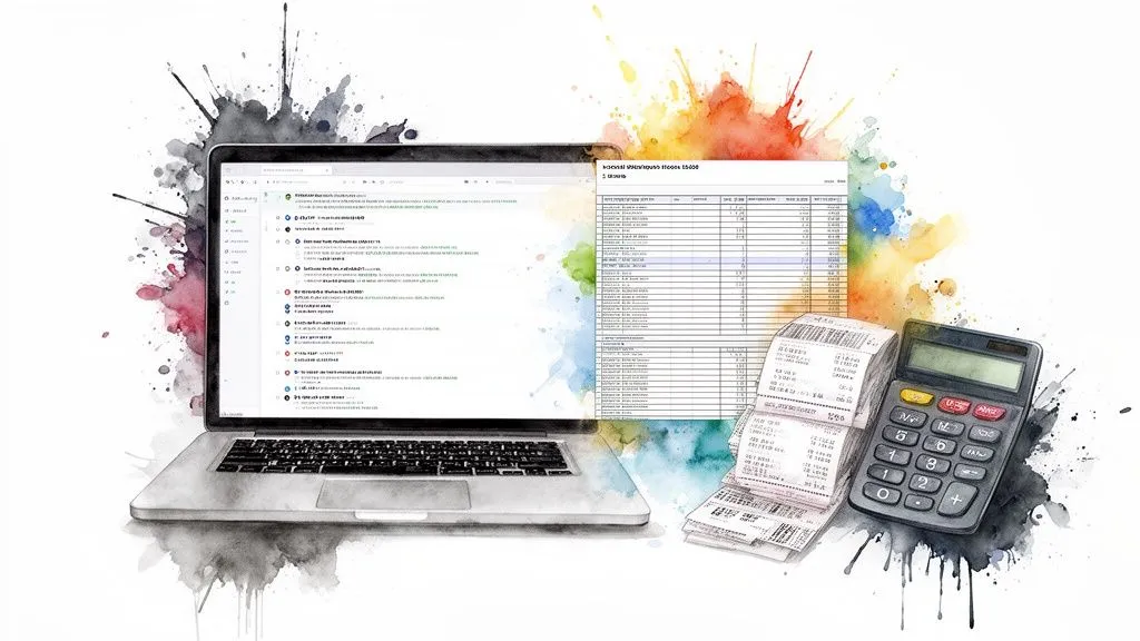 A laptop displaying financial data, receipts and a calculator, on a watercolor background.