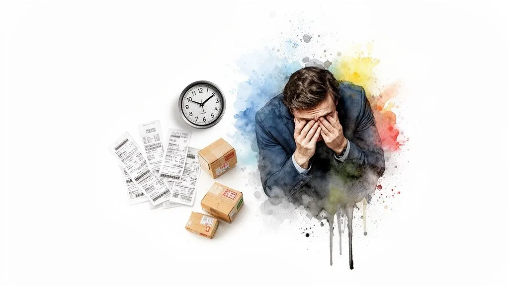 Stressed businessman with his face in his hands, surrounded by receipts, packages, and a clock.
