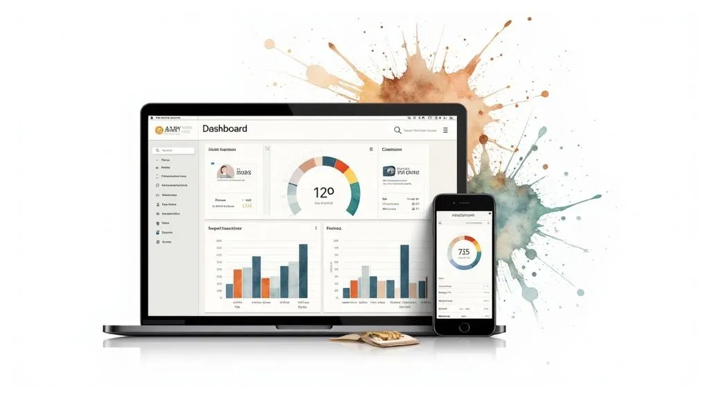 A dashboard displaying charts and key performance indicators.