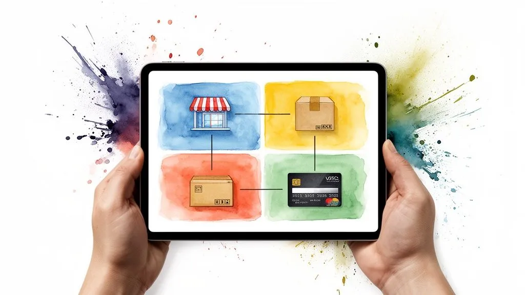 Hands holding a tablet displaying an online purchasing process with shop, package and credit card.