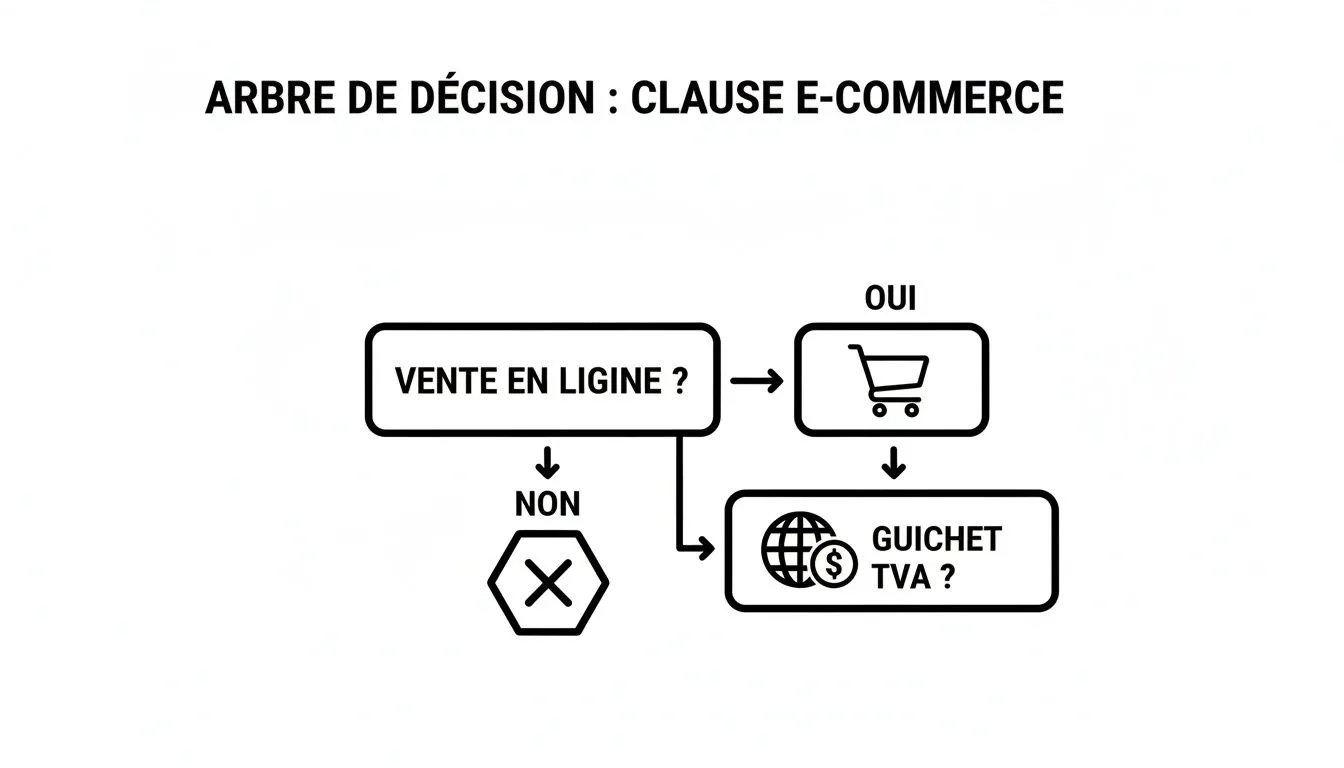 Flow diagram on e-commerce clauses, illustrating online sales and the VAT one-stop shop.