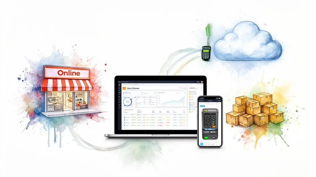 Watercolor illustration of an online commerce ecosystem with a store, computer, smartphone, cloud and packages.