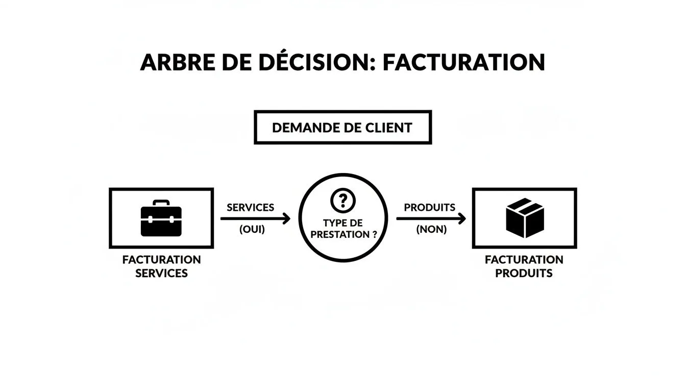 Decision tree diagram for invoicing, distinguishing services (yes) and products (no) based on client request.