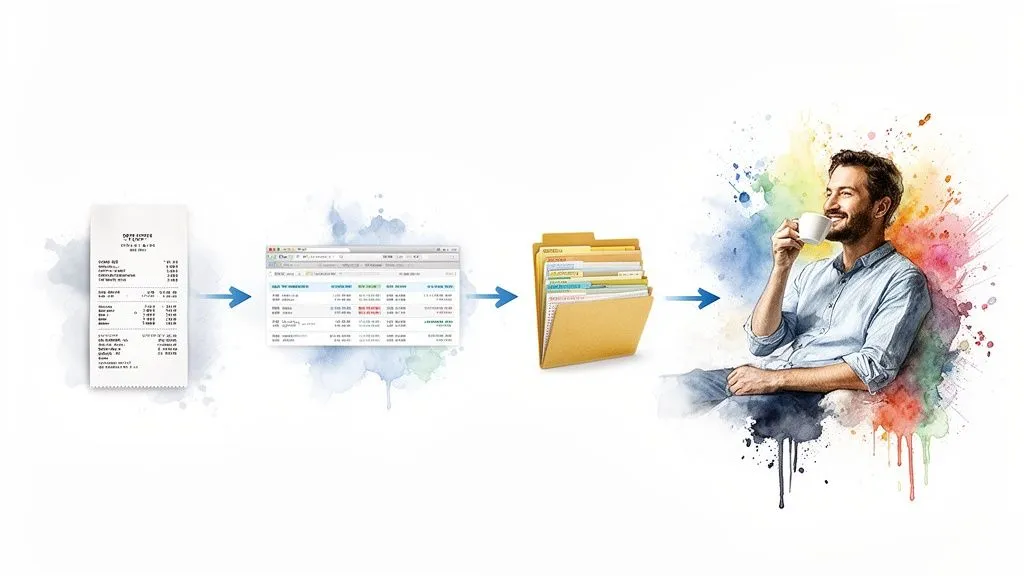 Transformation of a paper receipt into digital data and organized files, leading to simplified management and peace of mind.