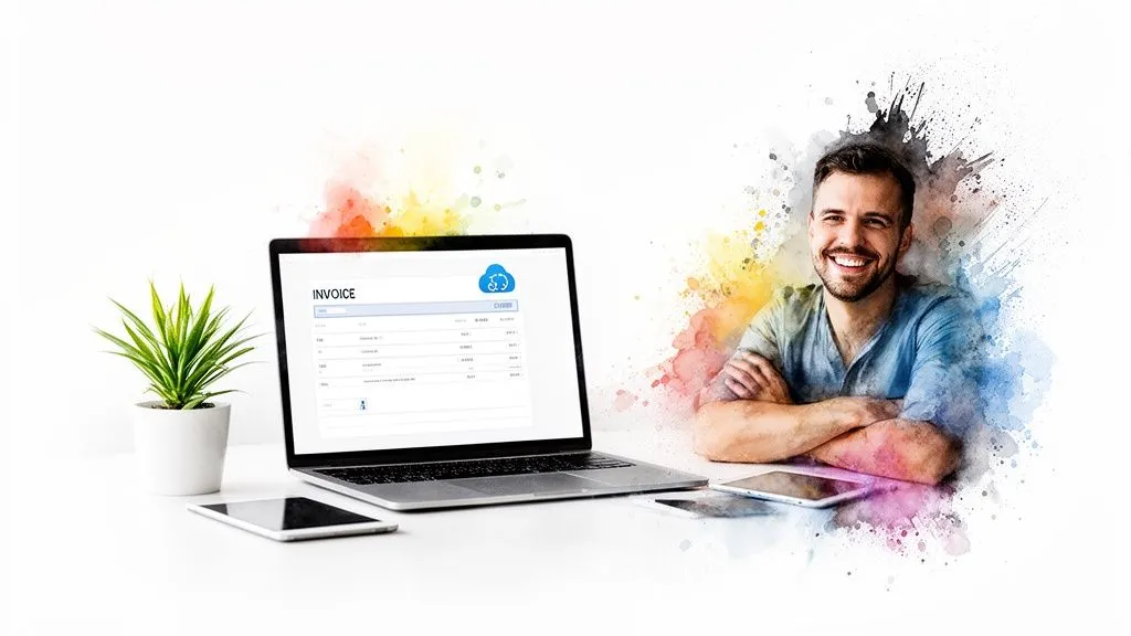 A smiling man next to a laptop displaying an electronic invoice, with mobile devices and a plant.