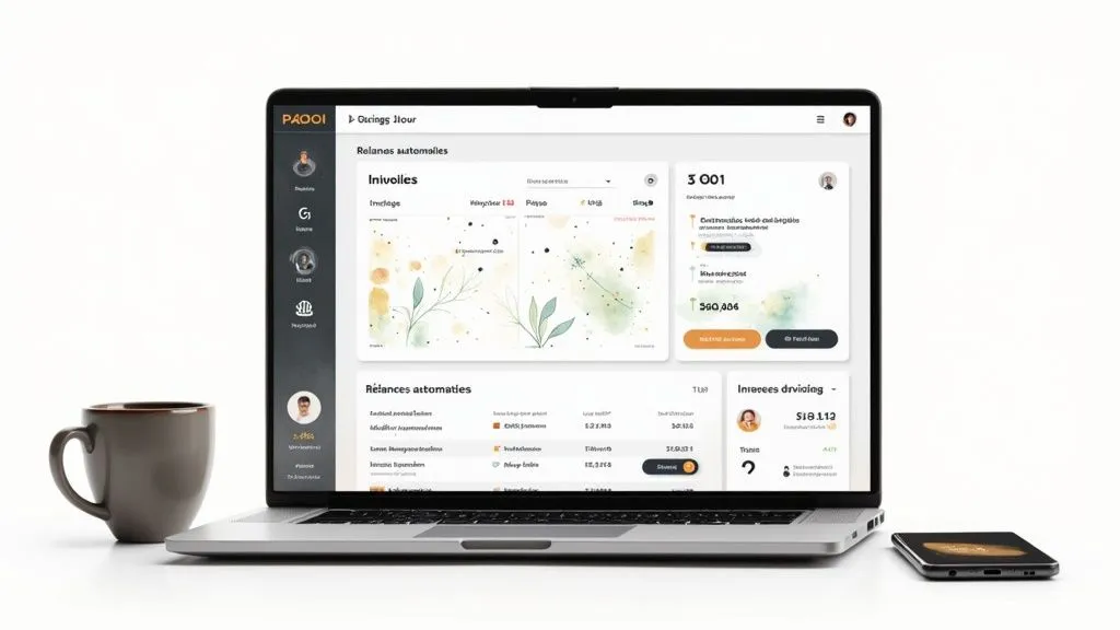 Laptop displaying a management dashboard with a cup of coffee and a smartphone on a white desk.
