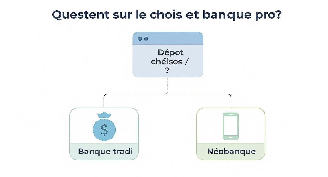 Infographic illustrating a decision tree for choosing between a traditional bank and a neobank based on the need for cash and cheque deposits.