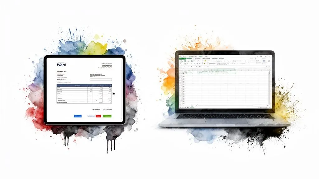 Tablet showing a Word document and laptop with Excel, essential tools for sole traders.