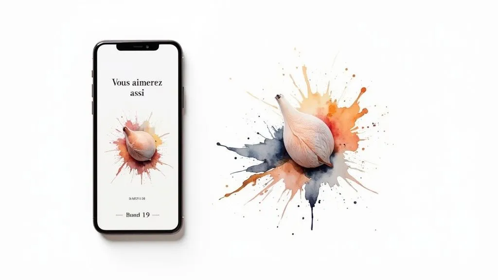A smartphone displays a watercolor image of an onion. Next to it, a stylized white bird against a colorful splash background.