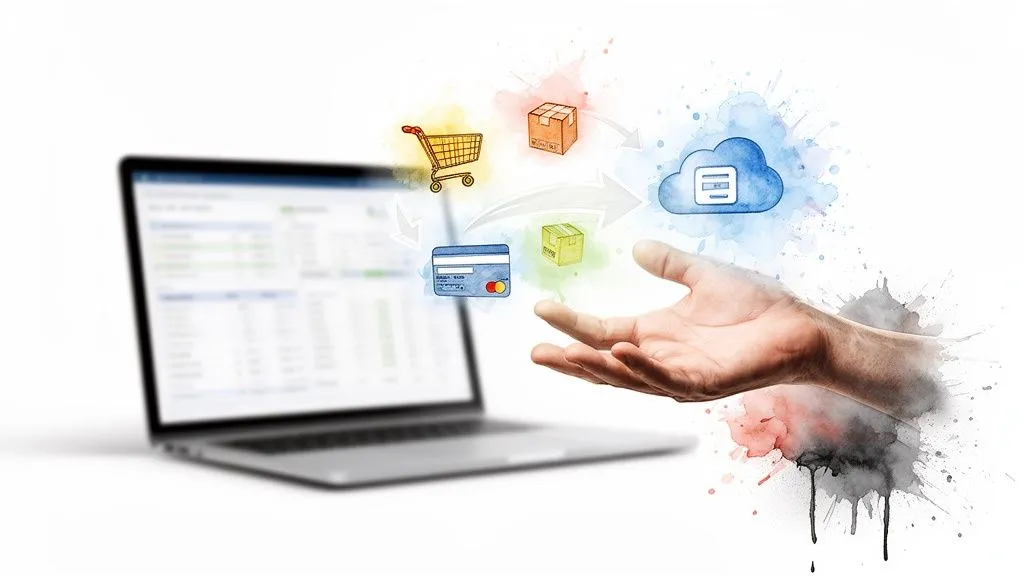 Laptop displaying data, with a hand and e-commerce and cloud icons, representing online business management.