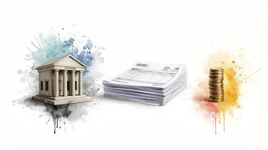 Watercolor illustration of a bank, financial documents and a stack of gold coins on a white background.