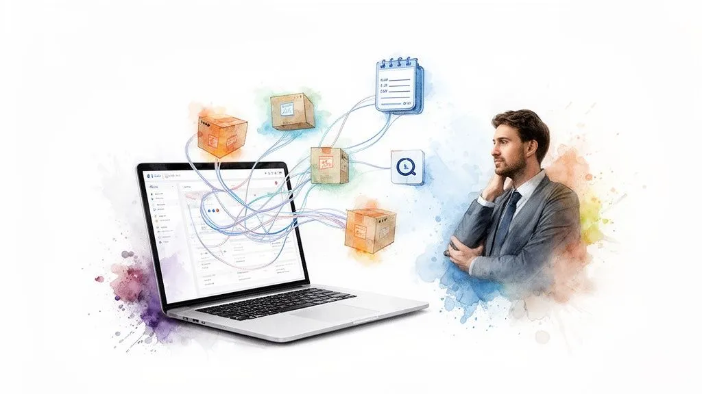 A pensive businessman looks at data flows between a laptop, boxes, and inventory management icons.