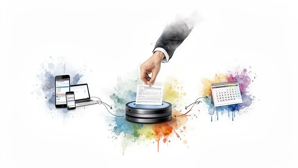 A hand places a document into a digital system, linking it to mobile devices and a calendar.