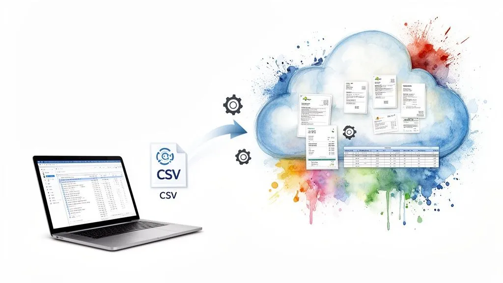 A laptop exporting a CSV file to a data cloud containing various documents and tables.