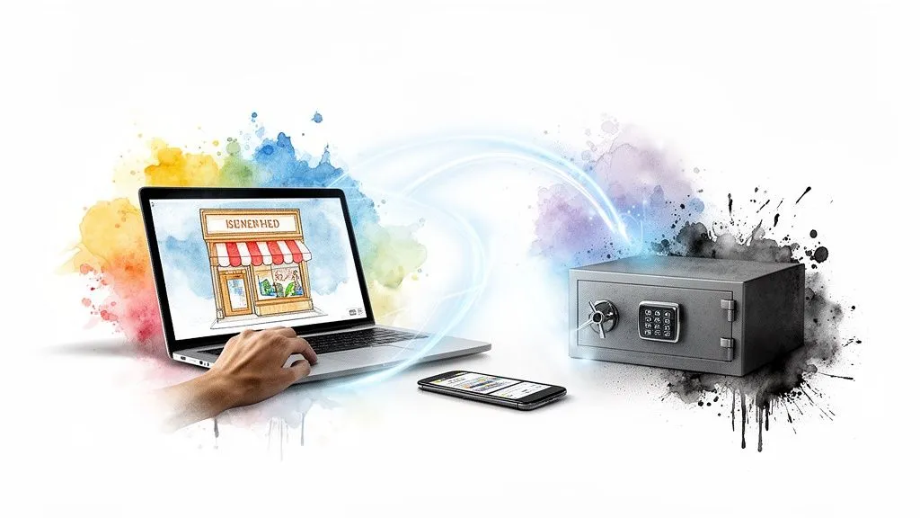 Image showing a laptop with an online store, a smartphone, and a secure vault, symbolizing digital transactions and data security.