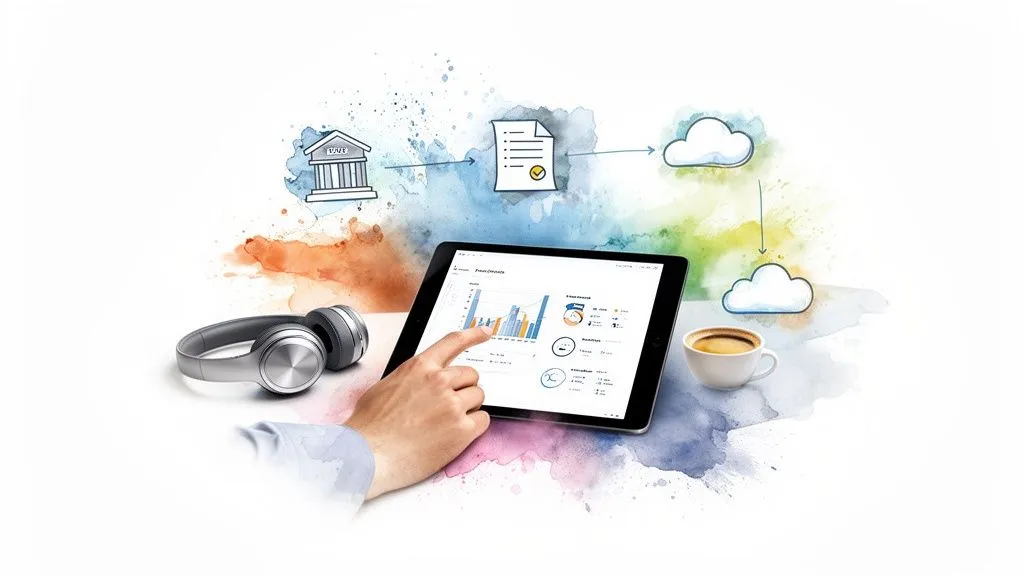 A hand uses a tablet displaying financial charts, with headphones and a cup of coffee. An illustrated data flow (bank, document, cloud) unfolds in the background.
