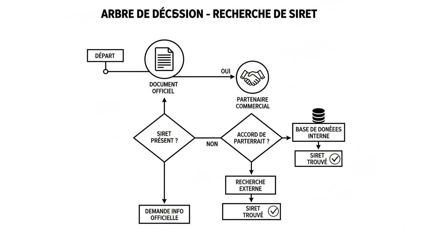 Decision diagram showing the process of finding a SIRET number through official documents, business partners and databases.