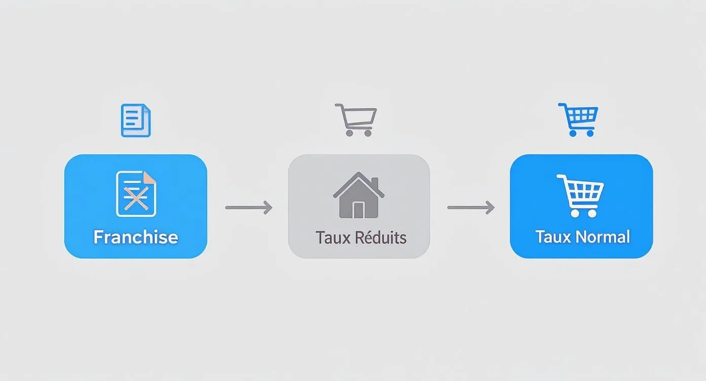 Schematic representation of an invoicing process: Exemption to Reduced Rates, then Standard Rate with explanatory icons.
