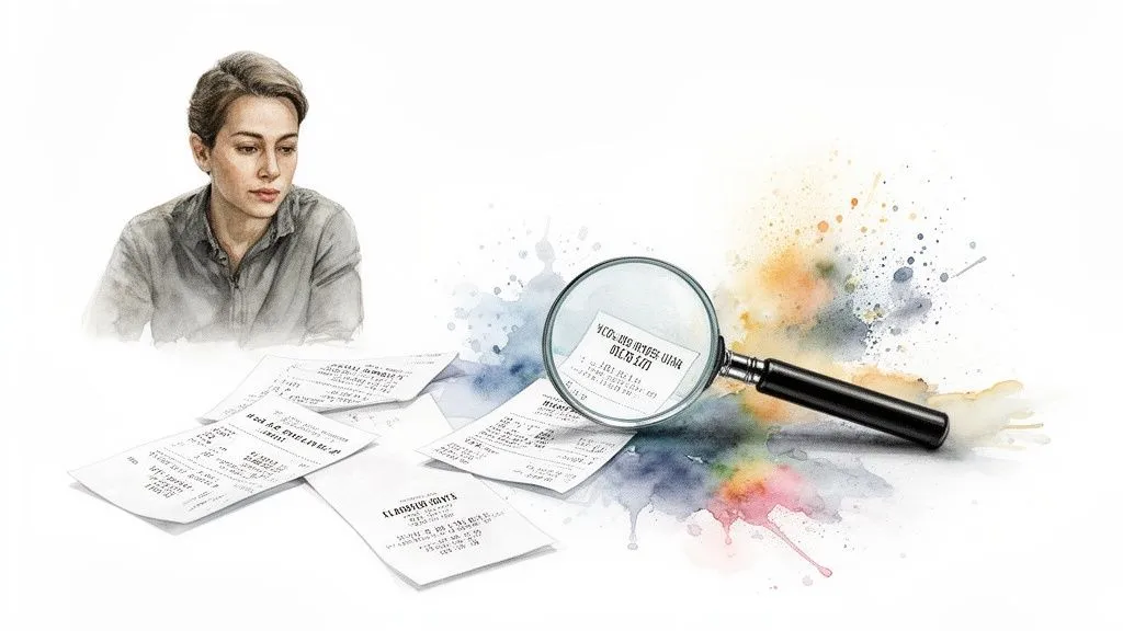Woman examining receipts and financial documents with a magnifying glass, against a watercolor splash background.