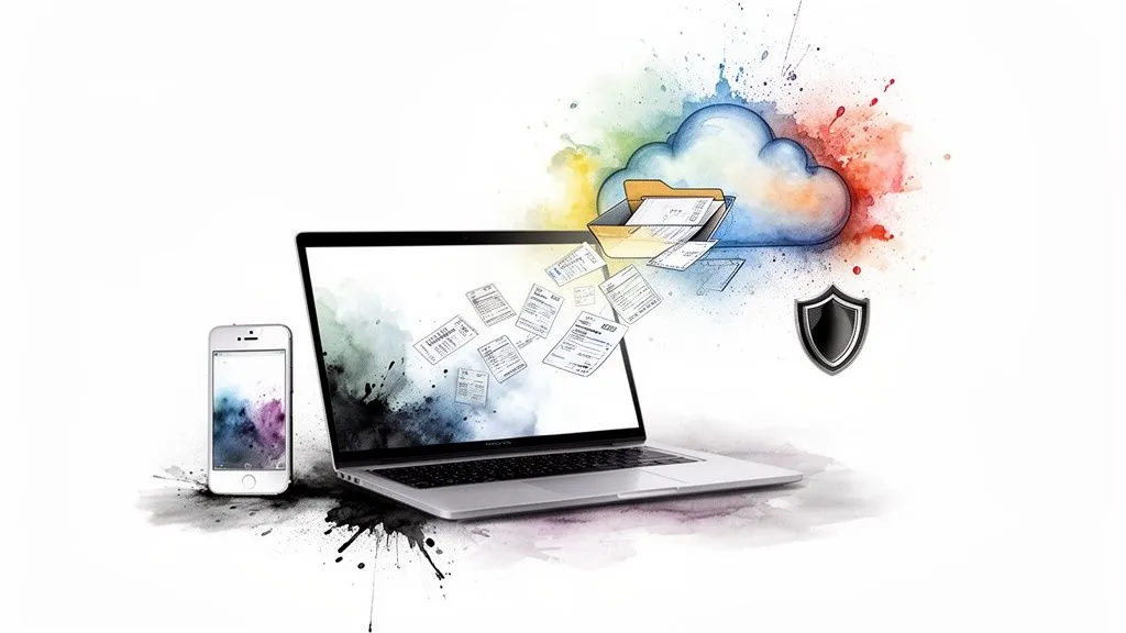 Laptop and smartphone transferring documents to a secure cloud, with watercolor splashes.