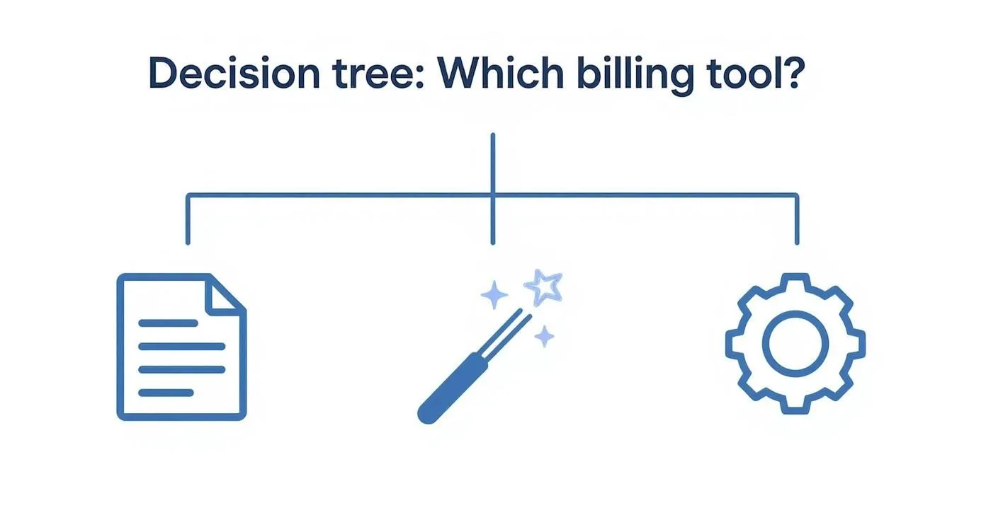 Decision tree illustrating three options for choosing an invoicing tool suited to freelancers