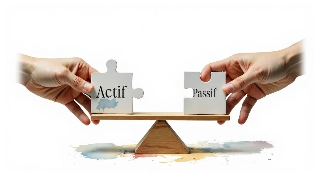 Two hands place "Assets" and "Liabilities" puzzle pieces on a scale for accounting balance.