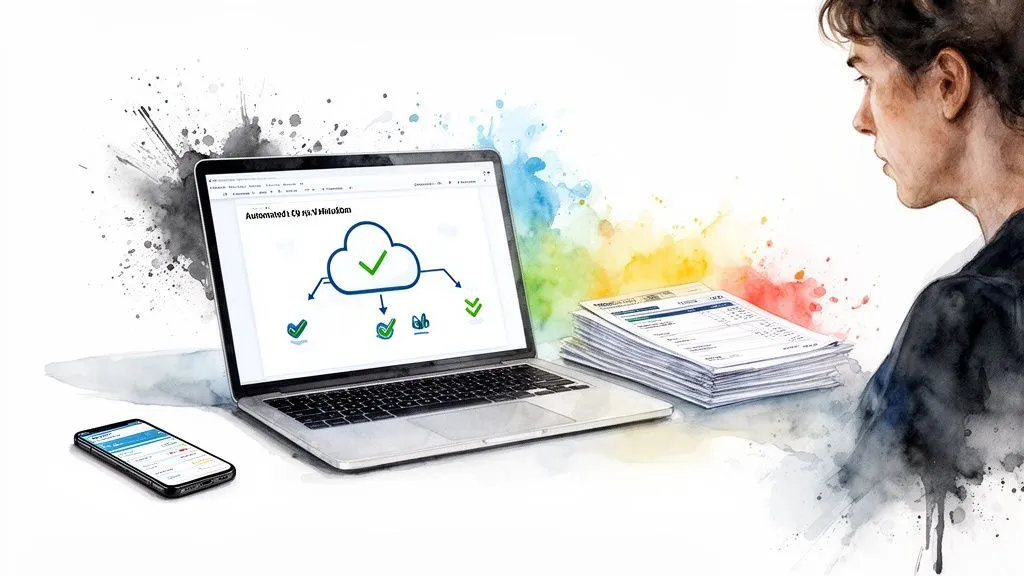 Person looking at a laptop, smartphone and documents, illustrating automated validation via the cloud.