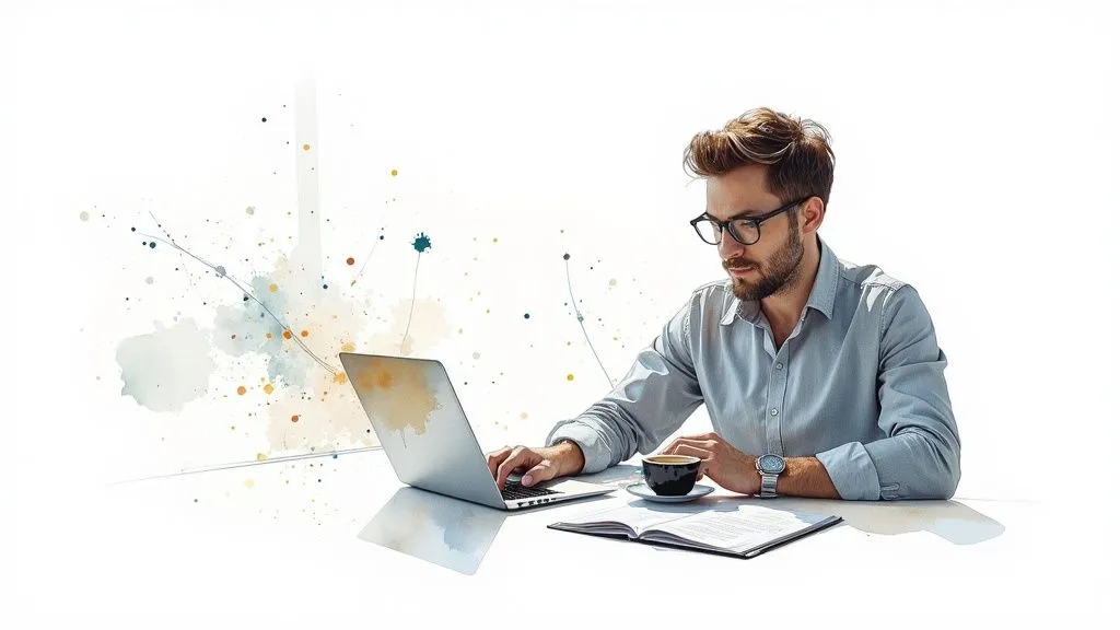 A focused man in a gray shirt and glasses works on a laptop, with coffee and documents on the table.