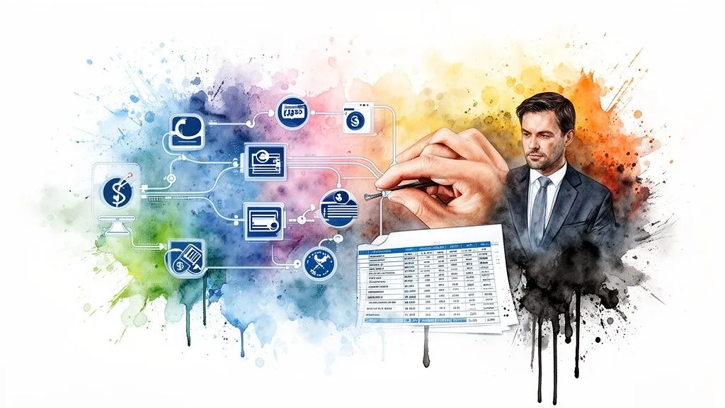A businessman analyzing complex digital financial data represented by charts and connected icons.