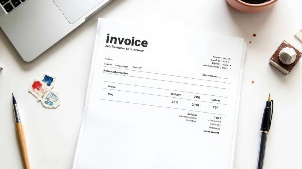 A person carefully reviewing an invoice on a tidy desk, symbolizing compliance.