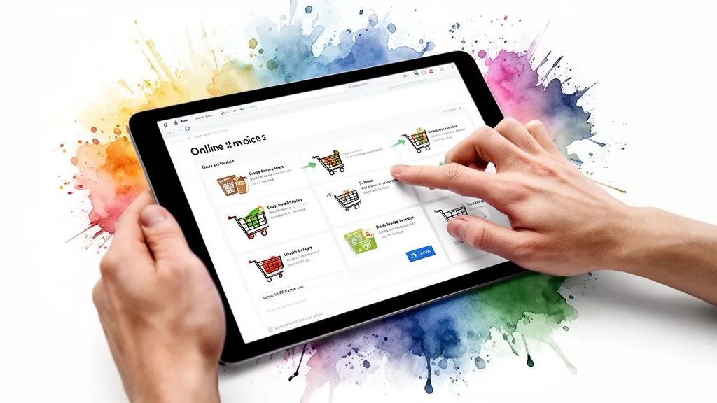A person using a digital tablet to view a modern online invoicing interface.