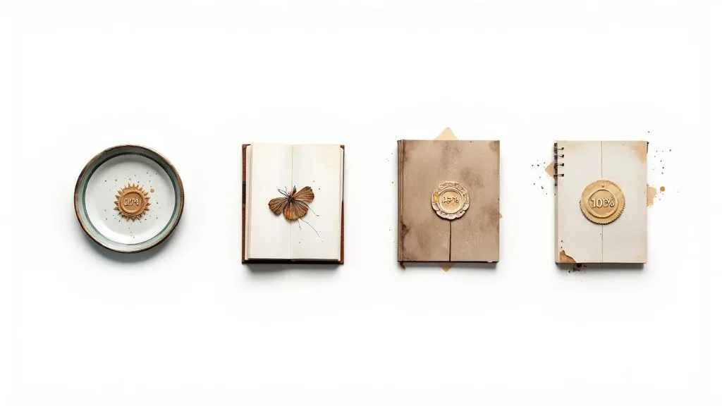 Four vintage objects on a white background: a plate, a book with a butterfly, a '15%' book, and a '10%' notebook, all stained.