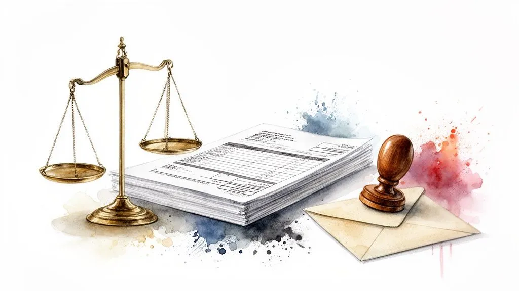 Golden scales of justice, a stack of documents, a wooden stamp, and an envelope on a white background with watercolor splashes.