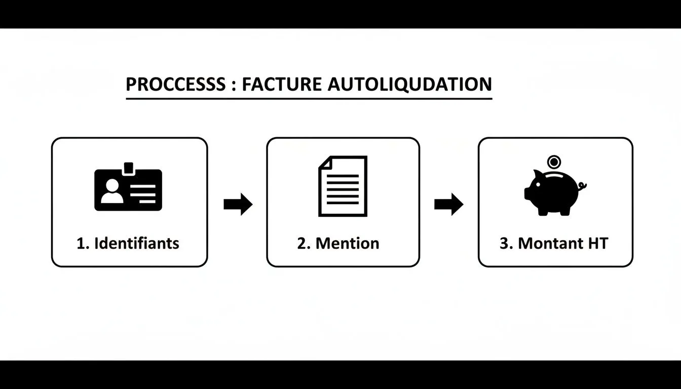 Diagram showing the steps of a reverse charge invoice: identifiers, mention, net amount.