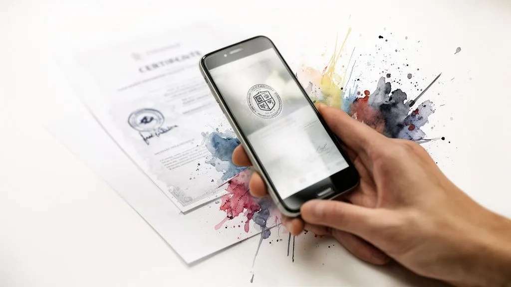 Hand holding a smartphone displaying a digital certificate, alongside a paper document and watercolor splashes.