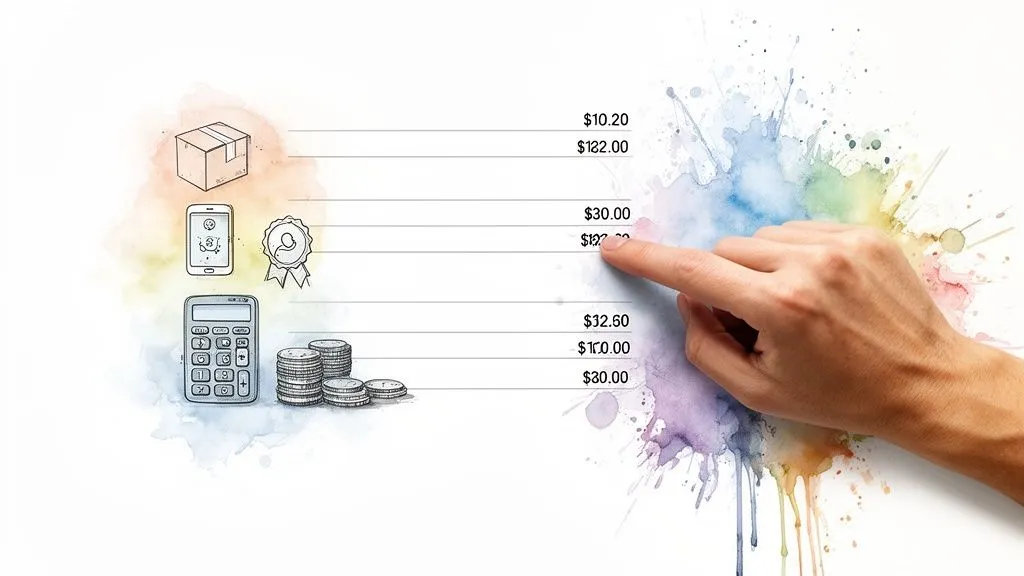A hand pointing at a price list with business icons, including a calculator and coins.