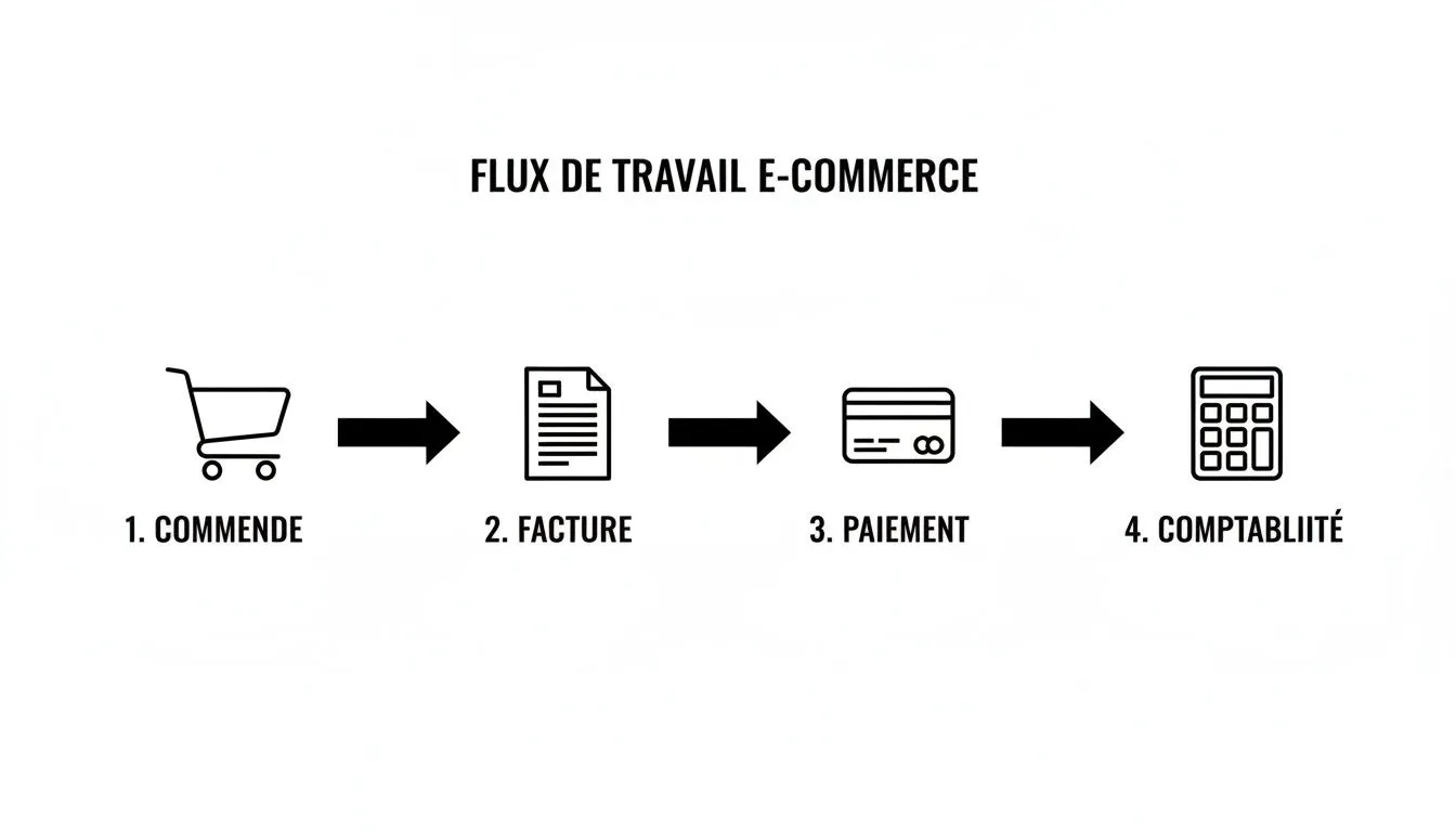 Diagram illustrating an e-commerce workflow, including the order, invoice, payment and accounting.