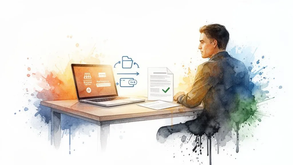 A man in front of a laptop with documents, symbolizing file transfer and financial management.
