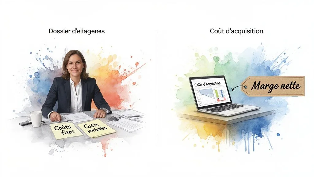 A woman managing fixed and variable costs, and a computer displaying acquisition cost and net margin.