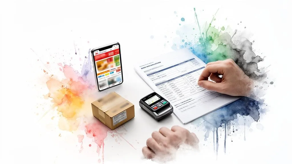 A hand examining an invoice near a smartphone displaying an e-commerce site, a payment terminal, and a package, on a watercolor splash background.