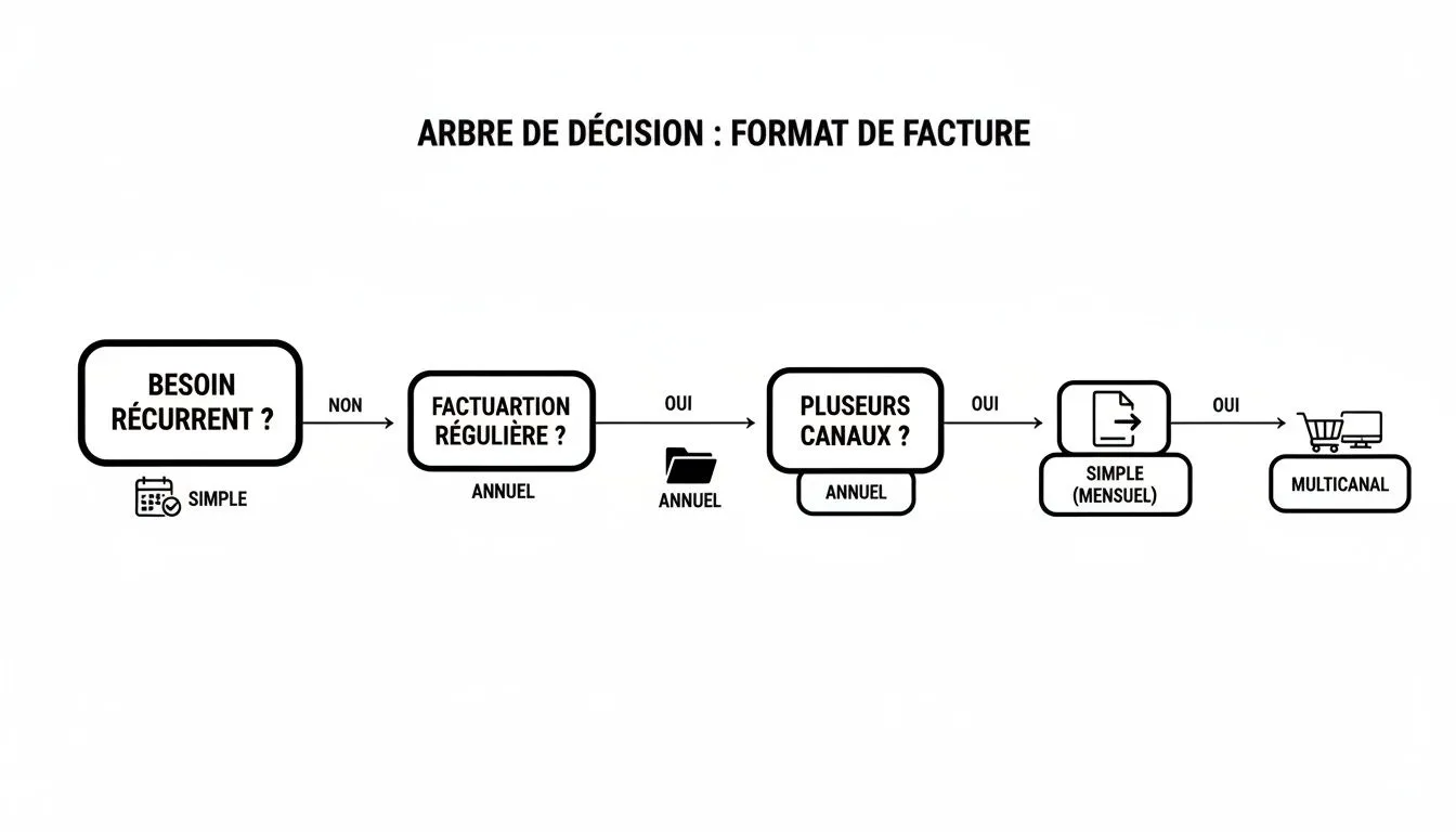 A decision tree on invoice format, guiding through questions about recurrence and channels to choose the right type of invoicing.