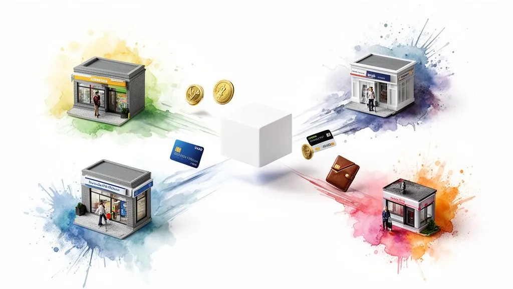 Four stores and various payment methods connected to a central cube symbolizing a business ecosystem.