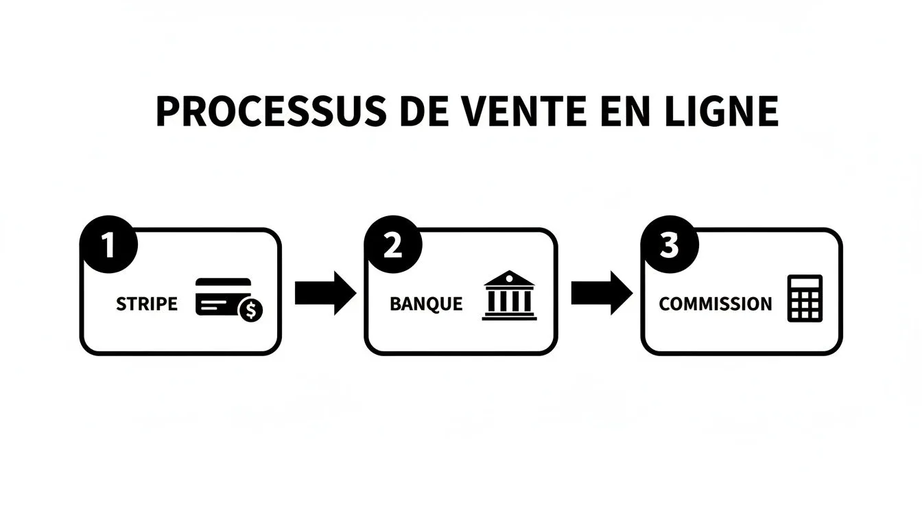 Diagram of the online sales process showing the steps: Stripe for payment, the bank, and commission calculation.