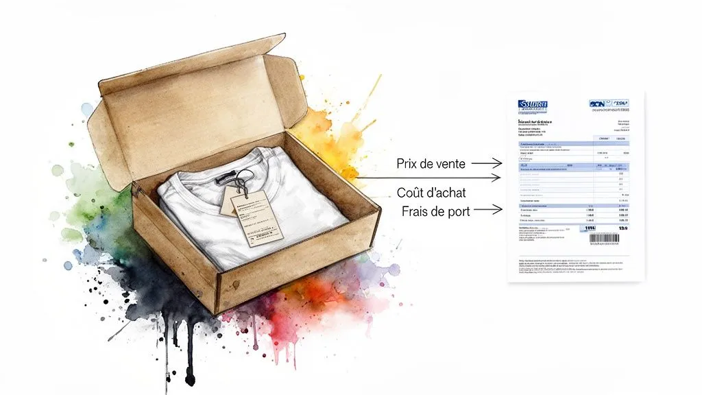 White t-shirt in a box, next to an invoice detailing the selling price, purchase cost and shipping fees.