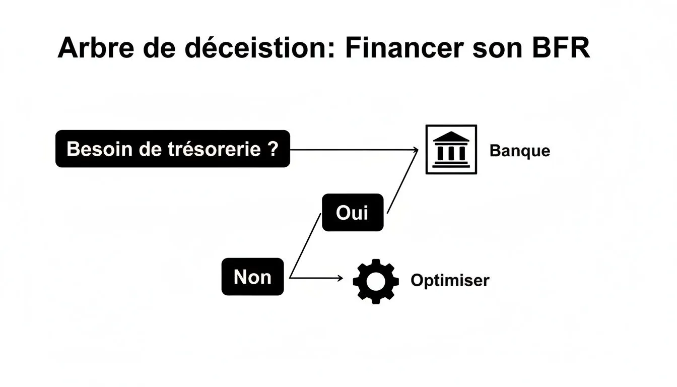 Decision tree for financing WCR: if cash is needed, the bank is an option; otherwise, optimize.